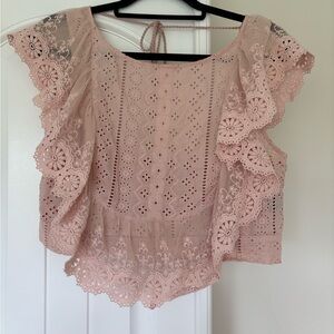 Altar'd State Muted Pink Flutter Sleeve Lace Crochet Crop Blouse Tie Back